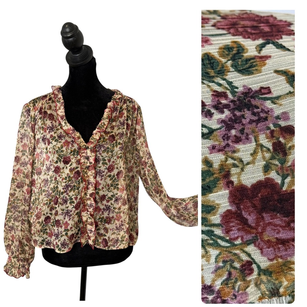 ZARA Sheer Chiffon Dark Floral Top Womens M Whimsigoth Ruffle Cropped Fairy BOHO